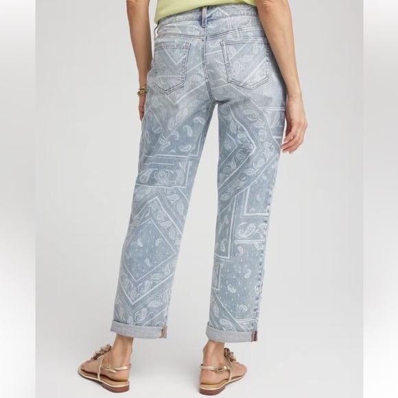 Chico’s Paisley Applique Cropped Jeans - Light Blue. Embroidered, Soft, Stretchy - Picture 3 of 16